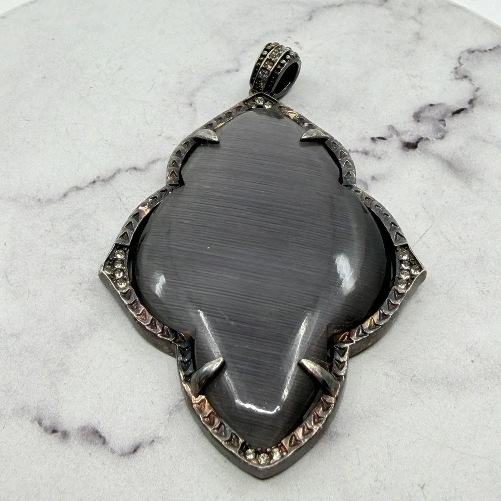 Gray Cat Eye Glass Cabochon Silver Tone Rhinestone Gothic Pendant Statement
